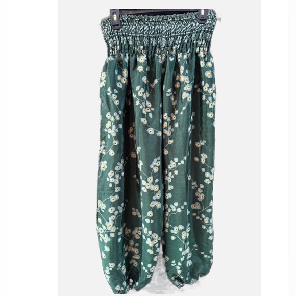Wevez Pants - Silk Blend Emerald Green Floral Joggers pull on wide leg pants made in India